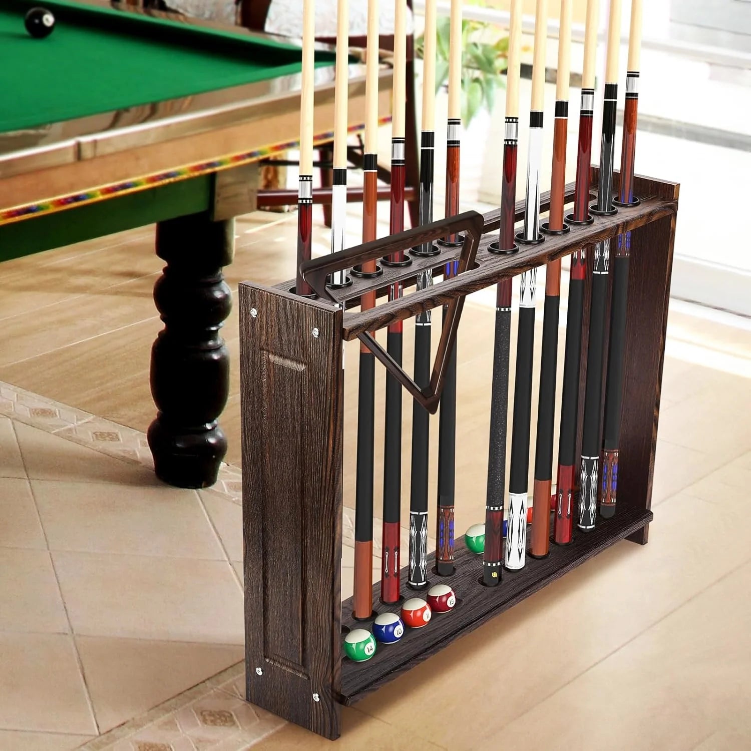 Billiard Pool Cue Holder, Floor Stand Billiard Pool Cue Rack, Wooden Stick Rack, 12 Holes