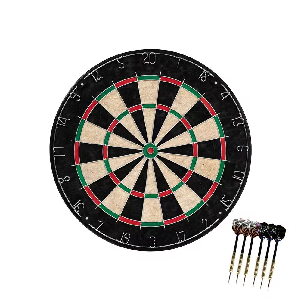 18-In Sisal Dartboard with Staple-Free Bullseye and Steel Tip Dart Set