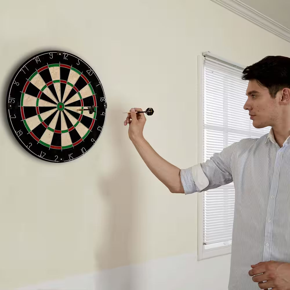 18-In Sisal Dartboard with Staple-Free Bullseye and Steel Tip Dart Set