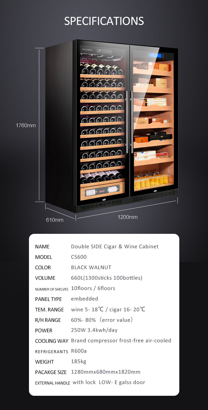 Raching CS600 – Dual-Door Wine Cooler & Electronic Cigar Humidor Cabinet (Wine + Cigars)