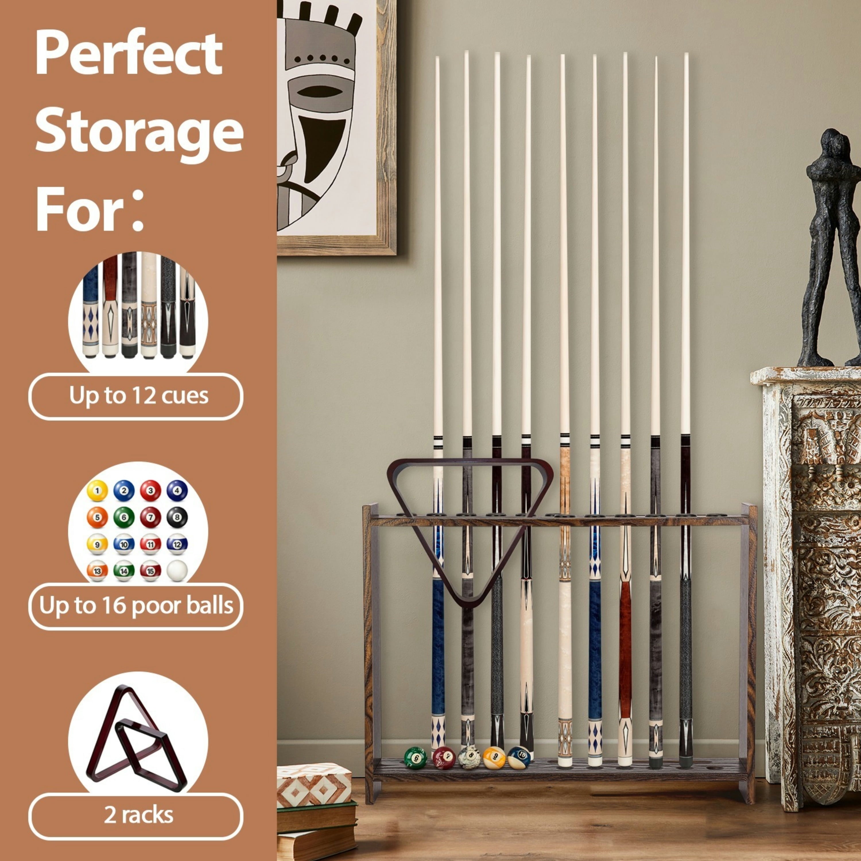 Billiard Pool Cue Holder, Floor Stand Billiard Pool Cue Rack, Wooden Stick Rack, 12 Holes