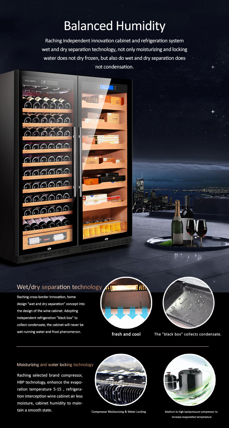 Raching CS600 – Dual-Door Wine Cooler & Electronic Cigar Humidor Cabinet (Wine + Cigars)