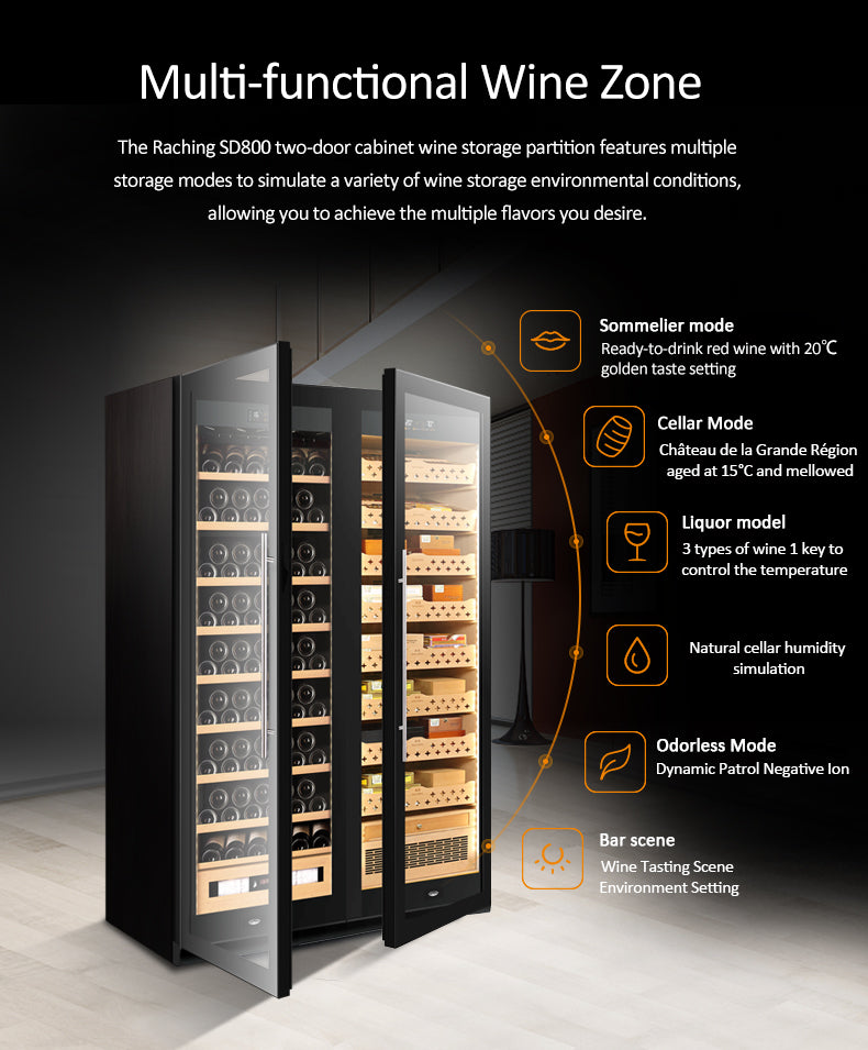 Raching CS600 – Dual-Door Wine Cooler & Electronic Cigar Humidor Cabinet (Wine + Cigars)