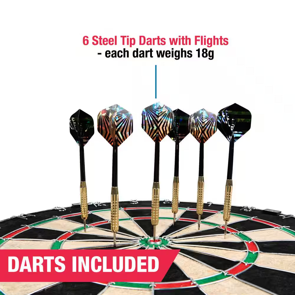 18-In Sisal Dartboard with Staple-Free Bullseye and Steel Tip Dart Set