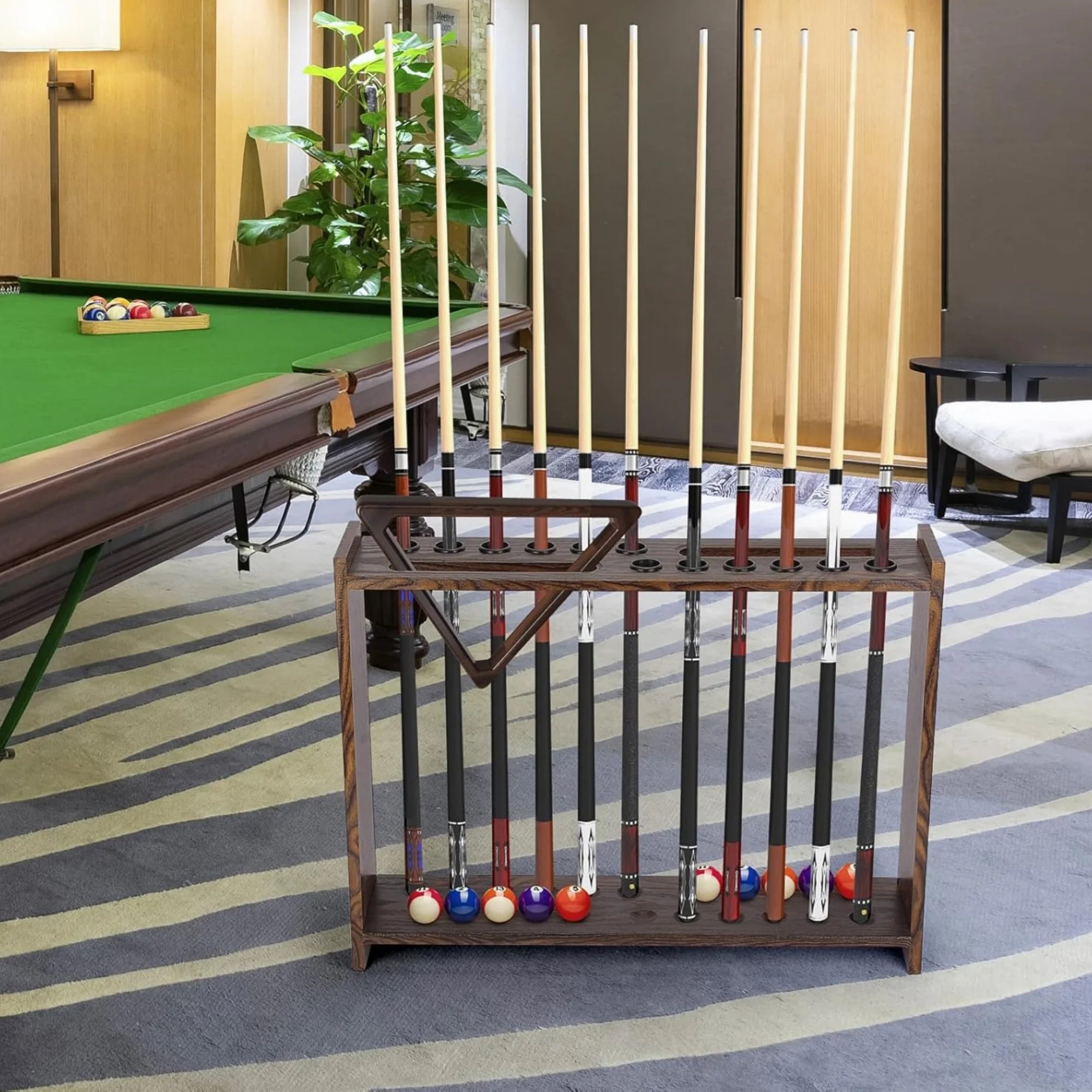 Billiard Pool Cue Holder, Floor Stand Billiard Pool Cue Rack, Wooden Stick Rack, 12 Holes