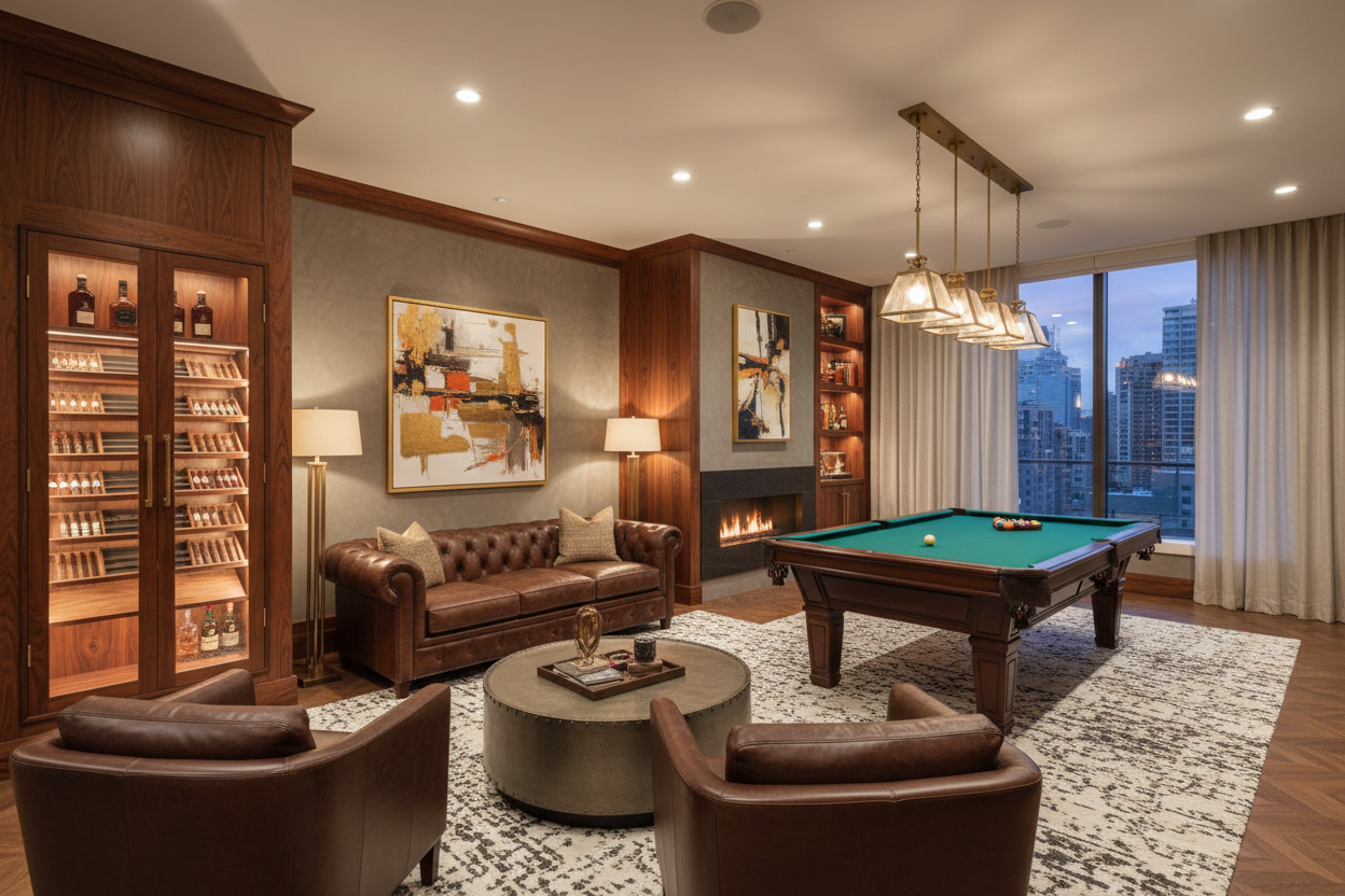 geenrat ena iamge of a man cave room with modern elegat nwam rtoruched and a pool tbales and a cigarhumidro