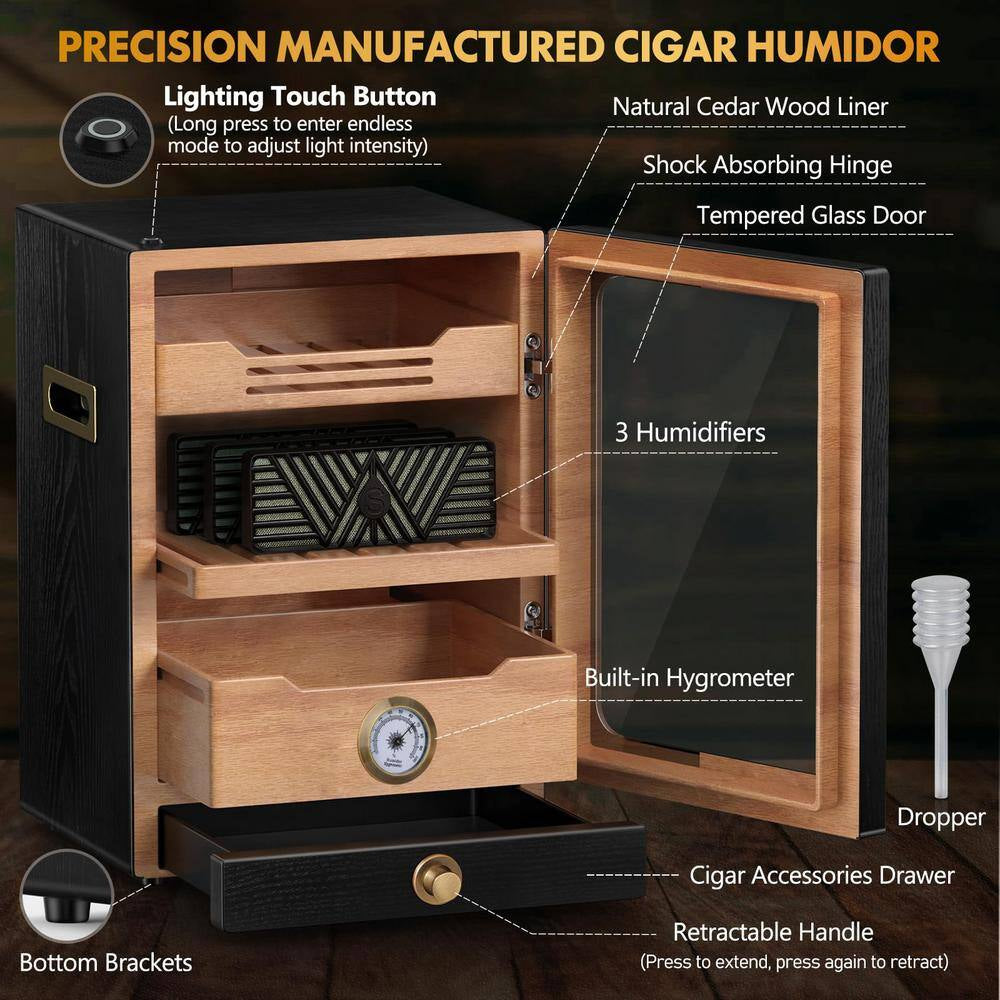 11 In. X 9.72 In. X 15.8 In. Black Desktop Cigar Humidor Cabinet Light Control System, with Spanish Cedar Wood Shelves