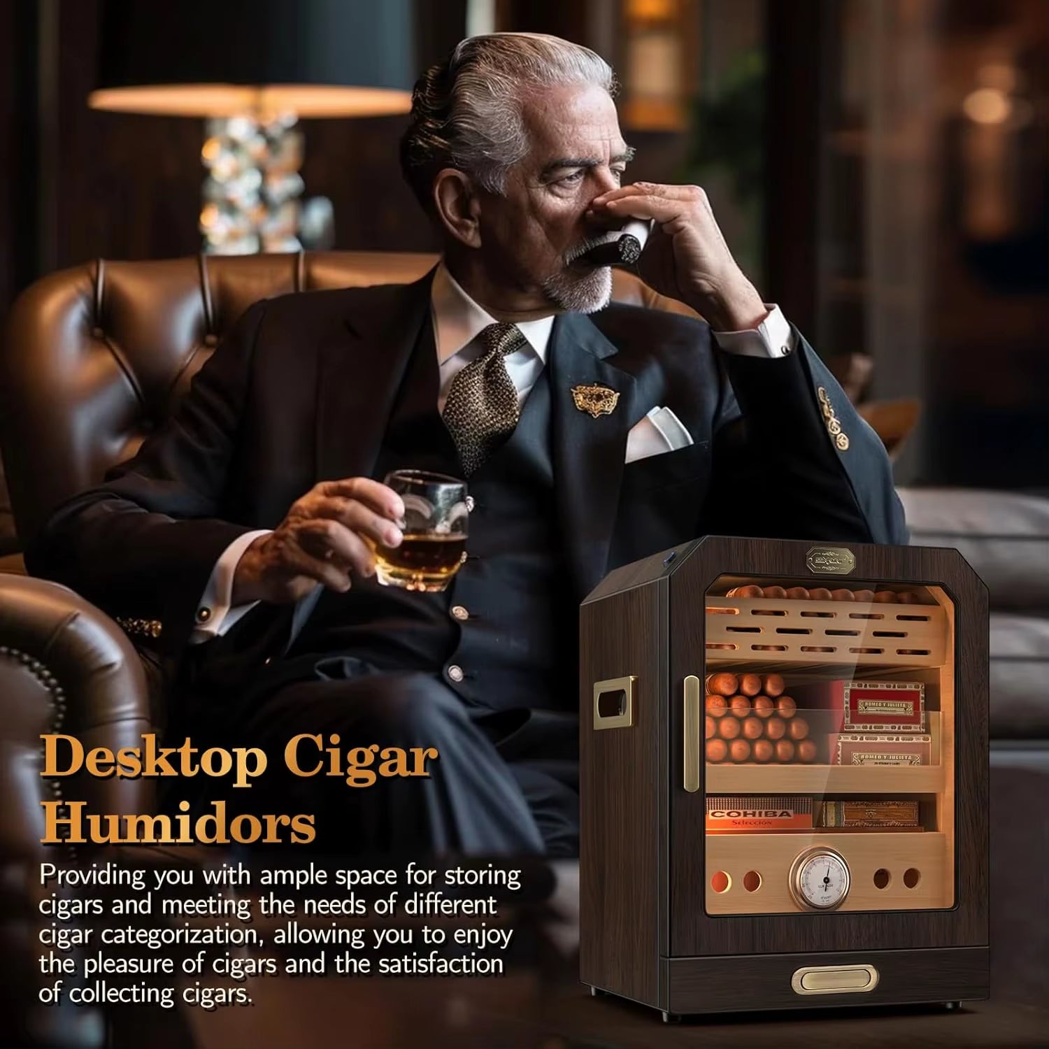 Cigar Humidor, Lighted Control Magnetic Door, with Cigar Accessory Drawer and 2 Humidifiers 3 Layer Large Capacity Storage