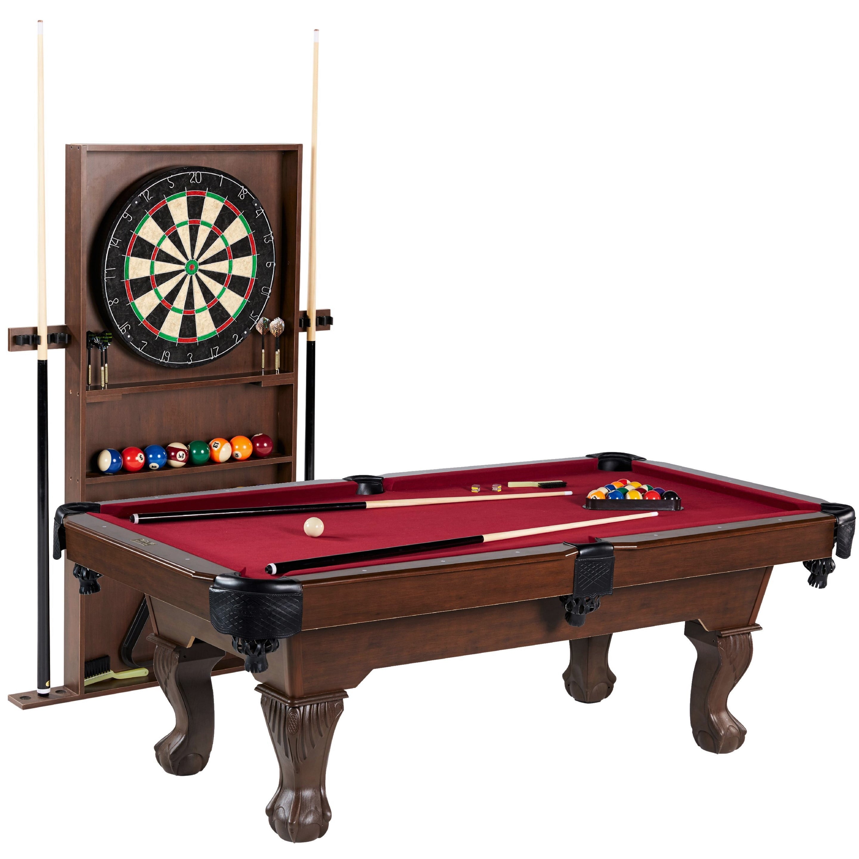 7.5 Ft Billiard Pool Table with Cue Rack, Dartboard, and Game Accessories, Burgundy, by