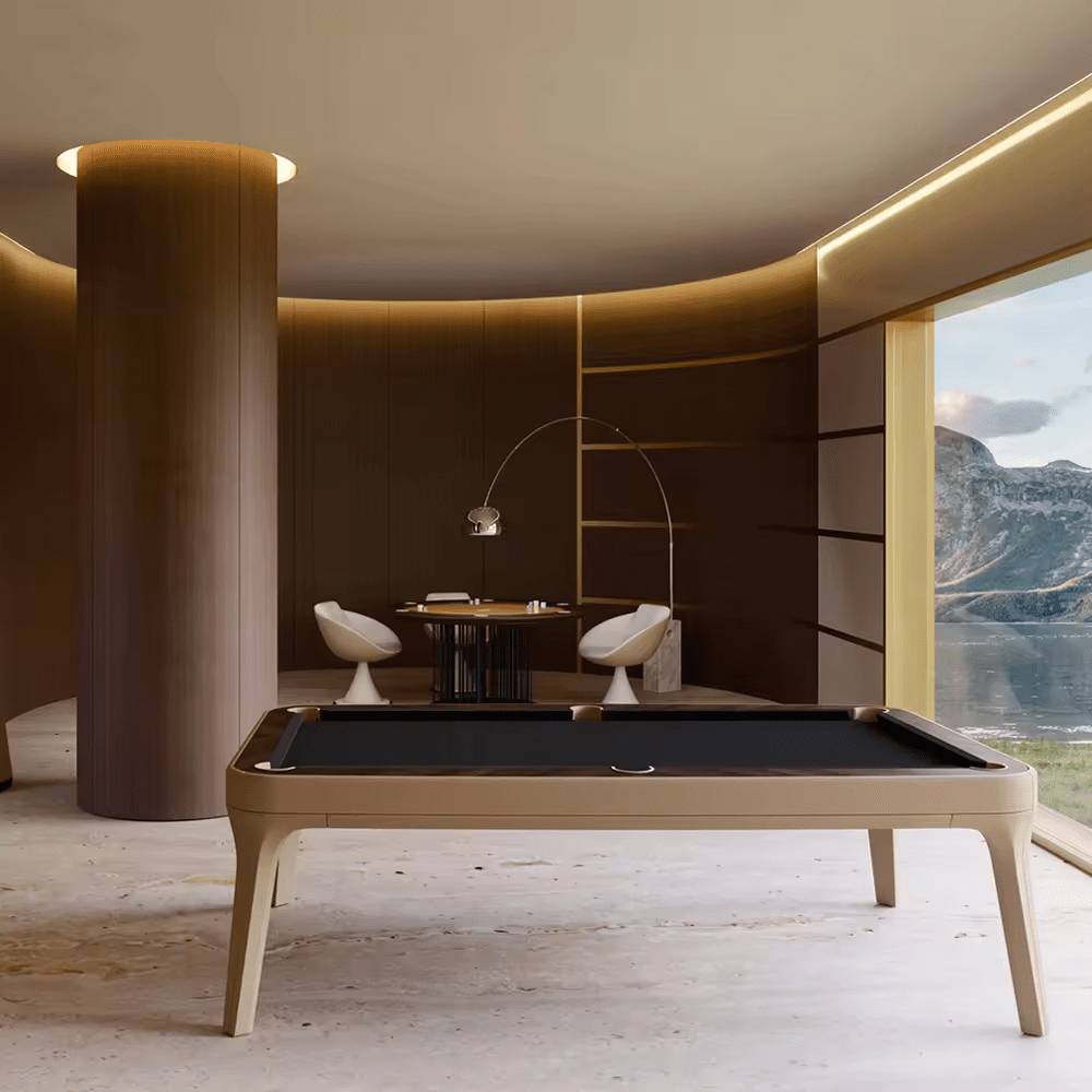 The Morris Modern Slate Leather Pool Table By White Billiards - Oatmeal Leather - Makassar Wood Rails