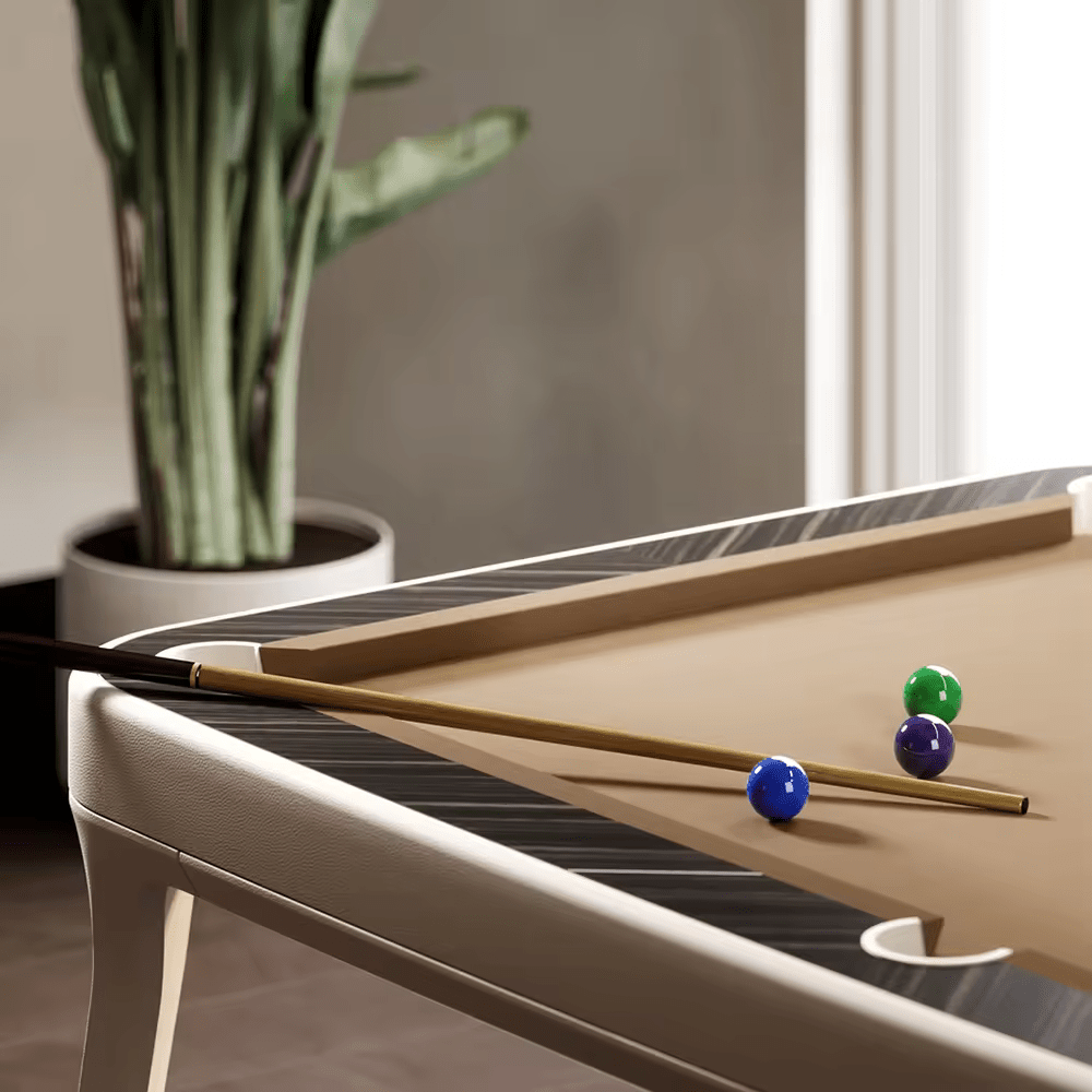 The Morris Modern Slate Leather Pool Table By White Billiards - Oatmeal Leather - Makassar Wood Rails