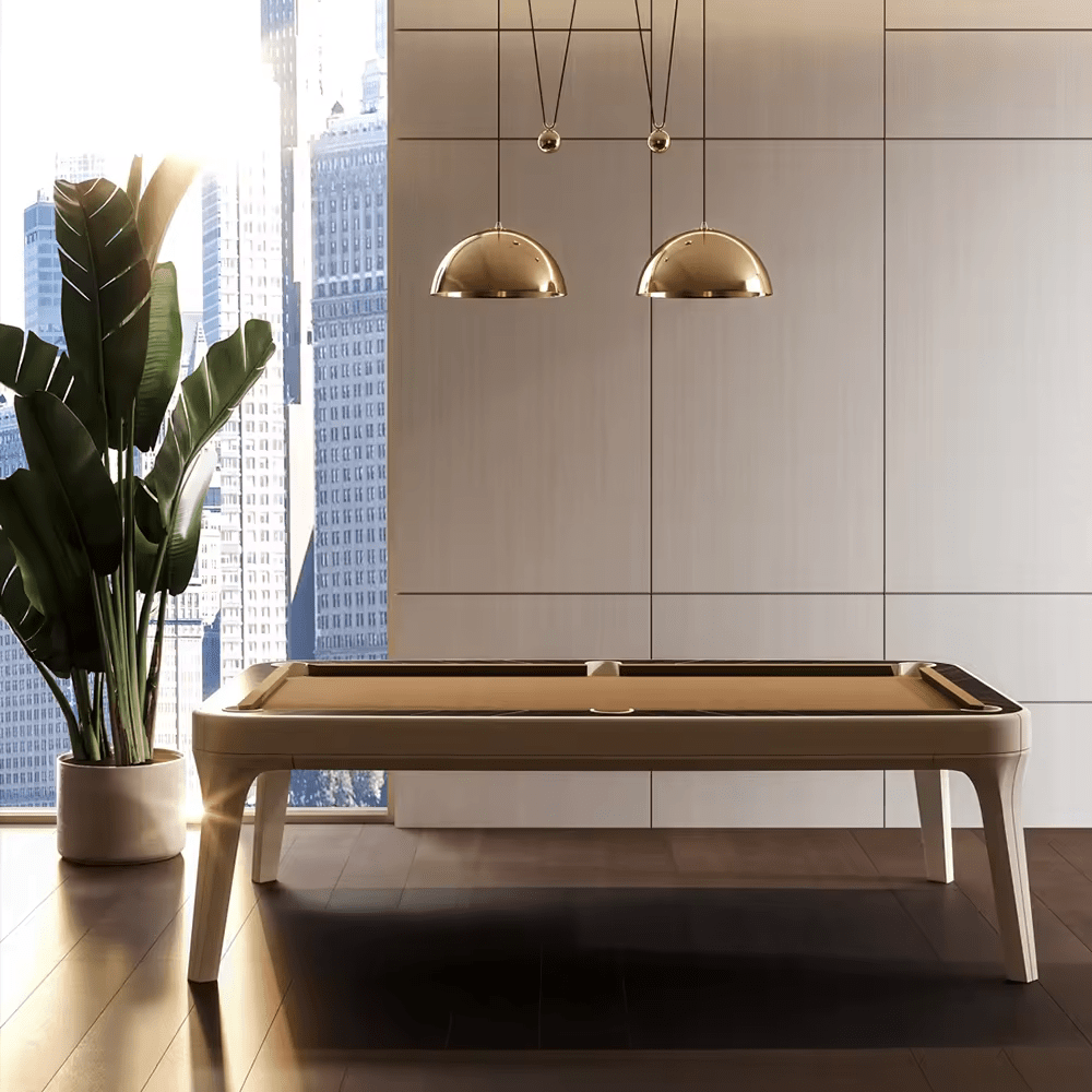 The Morris Modern Slate Leather Pool Table By White Billiards - Oatmeal Leather - Makassar Wood Rails