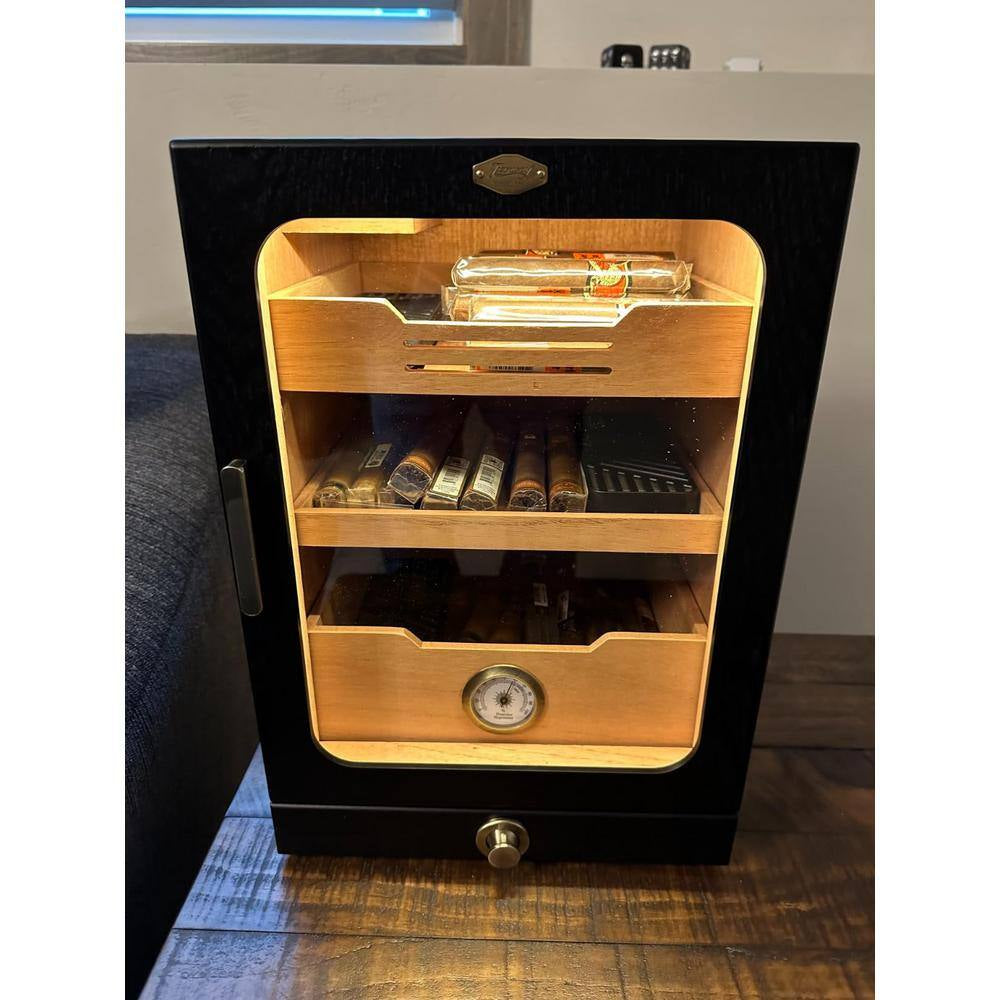 11 In. X 9.72 In. X 15.8 In. Black Desktop Cigar Humidor Cabinet Light Control System, with Spanish Cedar Wood Shelves