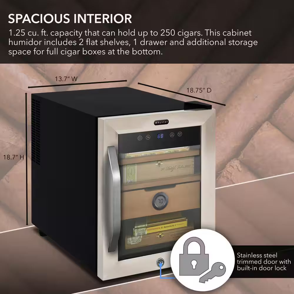 14" 1.2 Cu. Ft. 250-Count Cigar Cooler Humidor Spanish Cedar Shelves Stainless Steel Digital Controls