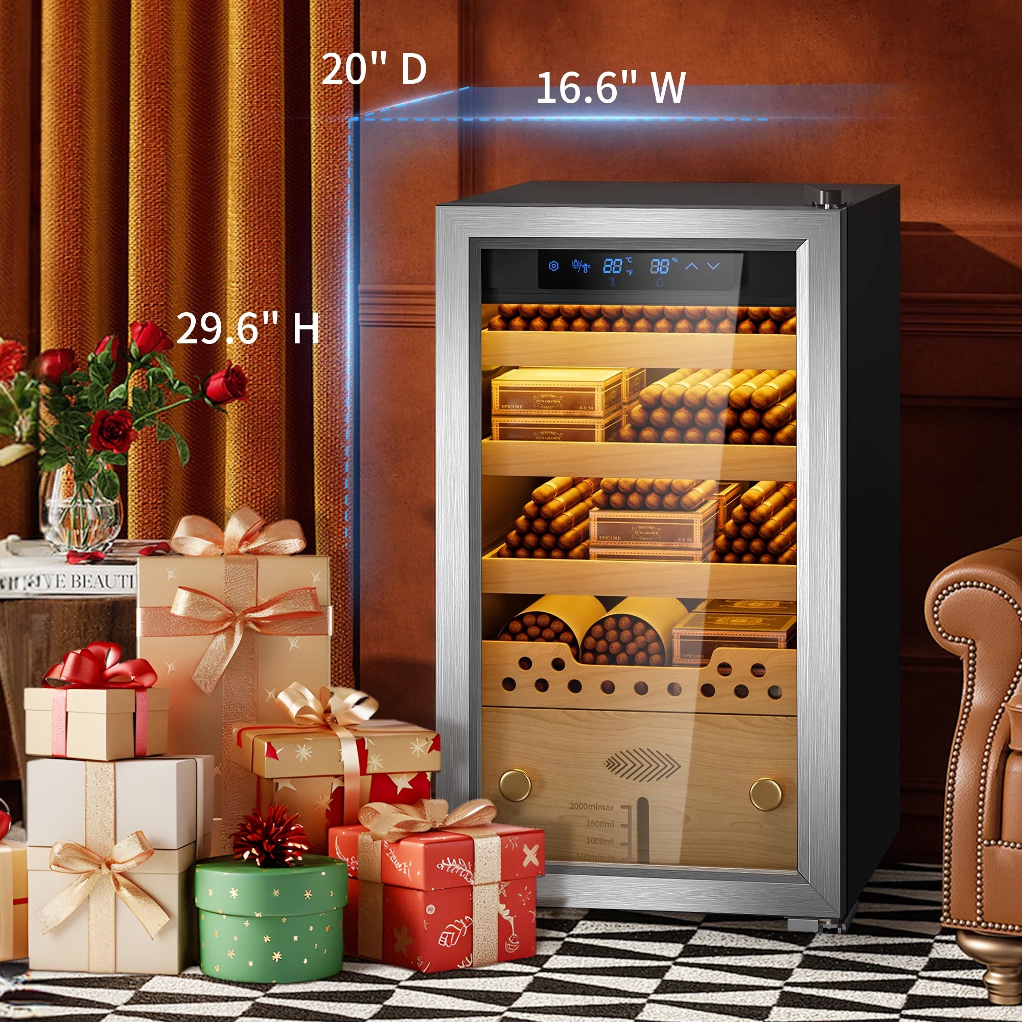 Electric Cigar Humidors with Compressor Cooling - Premium Humidity Control, 40L Cigar Box with Cedar Wood Shelves, Ideal for Storing Cigars