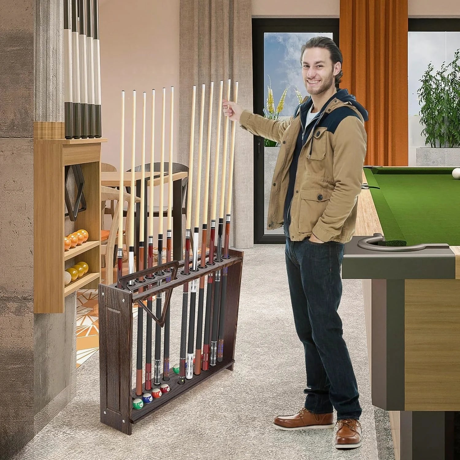 Billiard Pool Cue Holder, Floor Stand Billiard Pool Cue Rack, Wooden Stick Rack, 12 Holes