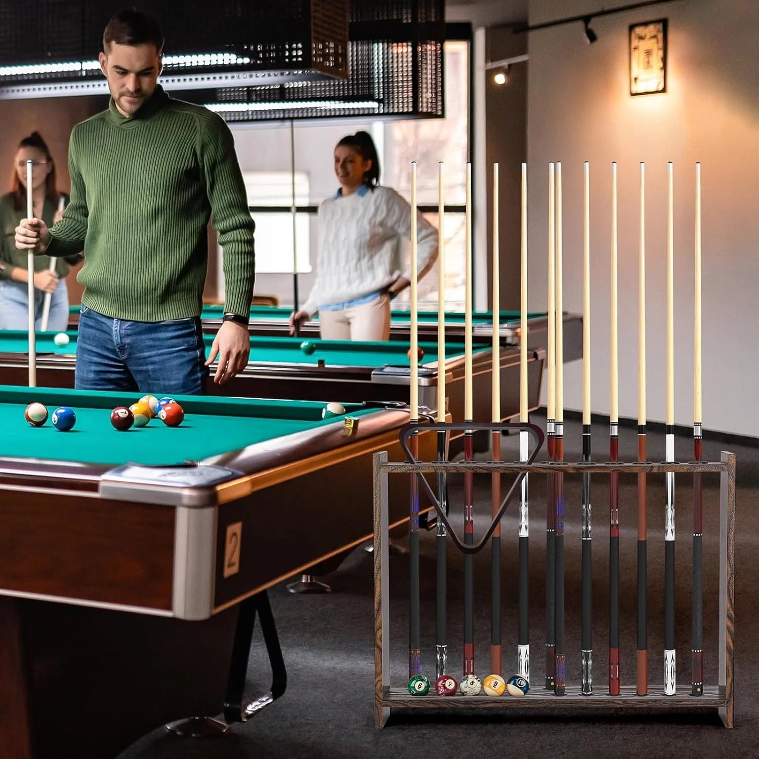 Billiard Pool Cue Holder, Floor Stand Billiard Pool Cue Rack, Wooden Stick Rack, 12 Holes