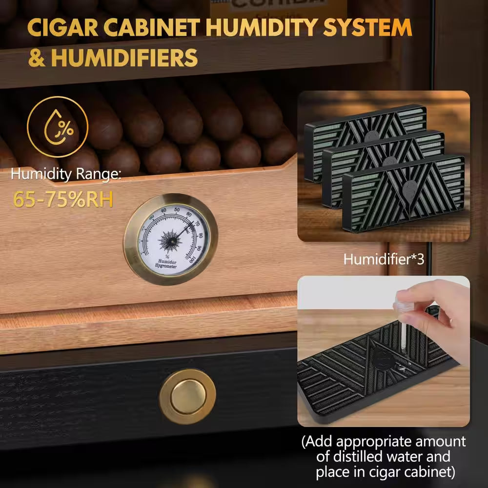 11 In. X 9.72 In. X 15.8 In. Black Desktop Cigar Humidor Cabinet Light Control System, with Spanish Cedar Wood Shelves