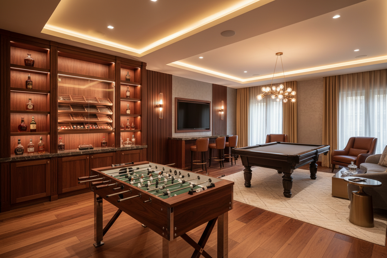 generat a room with a amn cave thheme taht ahas elelamgfa mdeorn ands wamr touches with afoosball tabel, a pol tabel and a cigar humior in it 