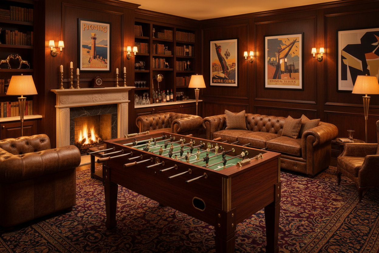 generat ena iamge of a man cave room with elegant outhces and wamr elemmtns iwth a fossbal table 