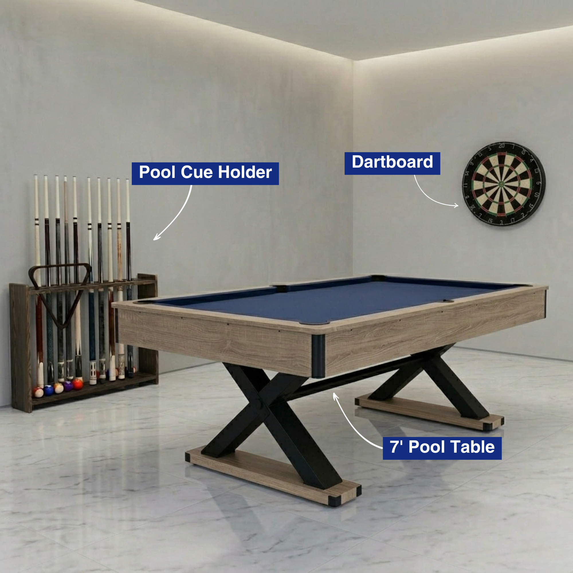 7' Pool Table – Complete Game Room Bundle (Includes Pool Cue Holder + Dartboard)